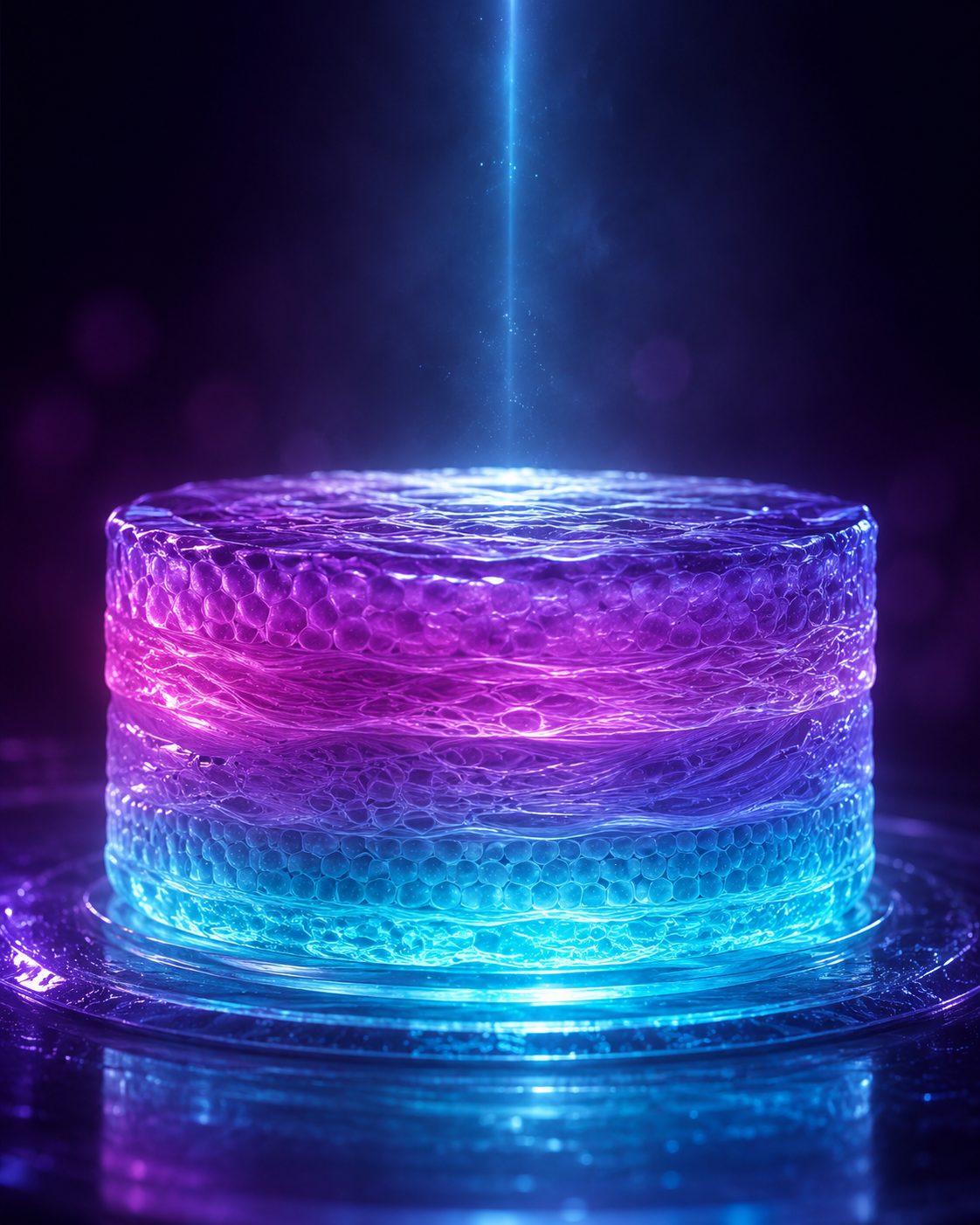 A multi-layered translucent tissue construct illuminated from within, showing distinct horizontal layers in violet, magenta and cyan.